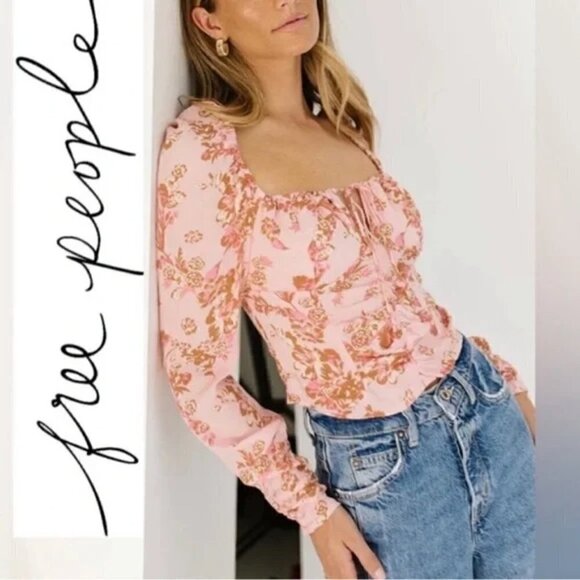 NEW Free People Floral Print Keyhole Neck Top in Pink Combo- size M - Picture 1 of 5